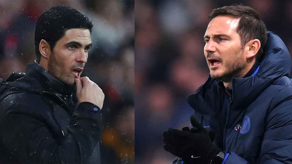 ADU TAKTIK: Pelatih Arsenal Mikel Arteta dan pelatih Chelsea Frank Lampard beradu taktik dalam derby London, Minggu (29/12) malam. 