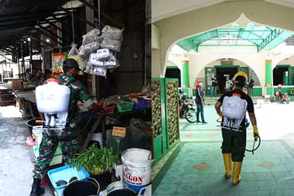 SEMPROT: Petugas kesehatan dan TNI melakukan penyemprotan disinfektan ke pasar tradisional dan rumah ibadah.