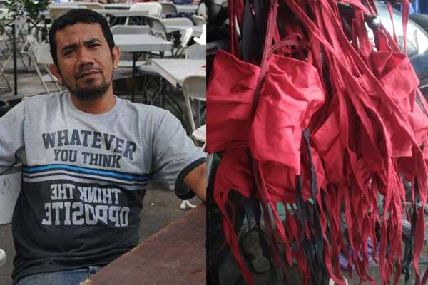 MASKER: Promotor Usaha Mikro Kecil Menengah (UMKM) Masker di Kota Medan, M Nasir (kiri) dan produksi masker kain buatannya (kanan).