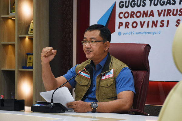 VICON: Jubir GTPP Covid-19 Sumut, Whiko Irwan. memberikan keterangan pers melalui video conference, Kamis (25/6).