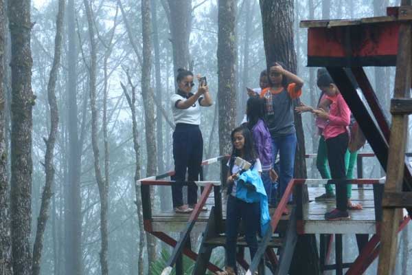 POHON: Rombongan remaja sedang berfoto di rumah pohon yang menjadi bagian di wisata Salib Kasih yang ada di Tarutung.