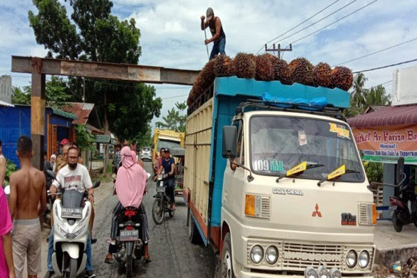 MELINTAS: Truk membawa buah sawit melintas di antara kerumunan warga yang melintas di Desa Lalang Kecamatan Tanjungpura, kemarin.ilyas effendy/ sumut pos.