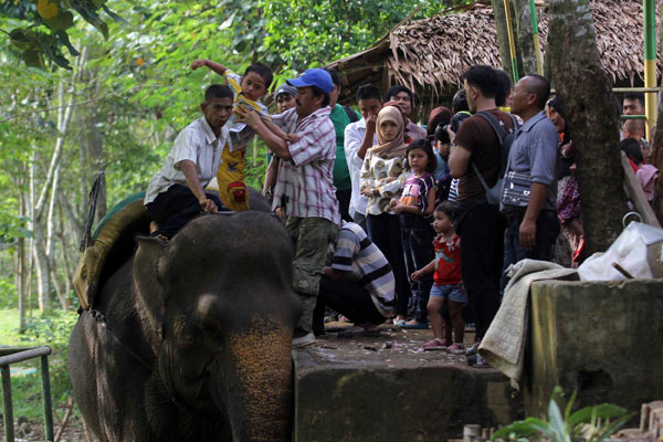 TUNGGANGI GAJAH: Pengunjung menunggangi gajah saat mengunjungi Medan Zoo sebelum pandemi Covid-19, beberapa waktu lalu.