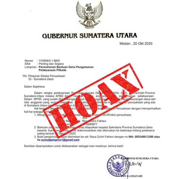 HOAX: Salinan surat mengatasnamakan Gubsu Edy Rahmayadi meminta uang ke perusahaan di Sumut untuk pengamanan Pilkada.