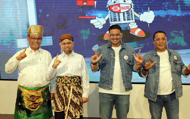 DEBAT: Paslon Akhyar-Salman dan Bobby-Aulia tampil saat debat yang digelar KPU Medan di Hotel Grand Mercure Medan, Sabtu (21/11).markus/sumut pos.