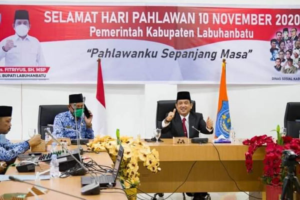 VIRTUAL: Pemkab Labuhanbatu saat menggelar per ingatan Hari Pahlawan Nasional 2020 secara virtual di Ruang Rapat Bupati, Selasa (10/11).FAJAR DAME HARAHAP/SUMUT POS.