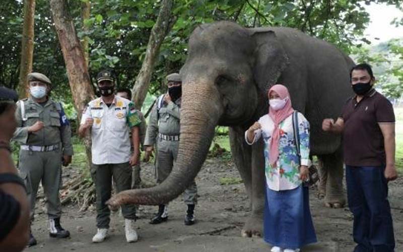 SOSIALISASI: Tim Satgas Covid-19 Kota Medan foto bersama pengunjung di Medan Zoo.