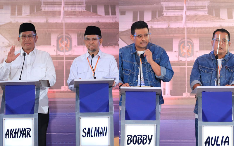DEBAT: Paslon nomor urut 1 dan 2, saat Debat Kandidat Pilkada Medan 2020 Putaran Terakhir di Hotel Grand Cityhall Medan, Sabtu (5/12) sore.