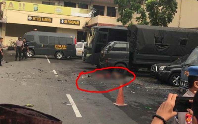 SERPIHAN BOM: Lokasi peledakan bom di Polrestabes Medan oleh kelompok JAD, beberapa waktu lalu.
