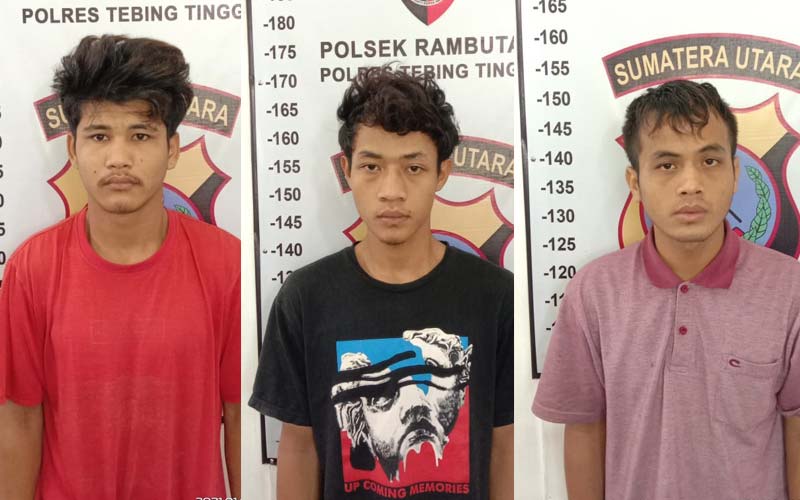 AMANKAN: Ketiga pelaku pencurian beserta barang bukti pipa besi milik PT Waskita, diamankan di Polsek Rambutan.SOPIAN/SUMUT POS.