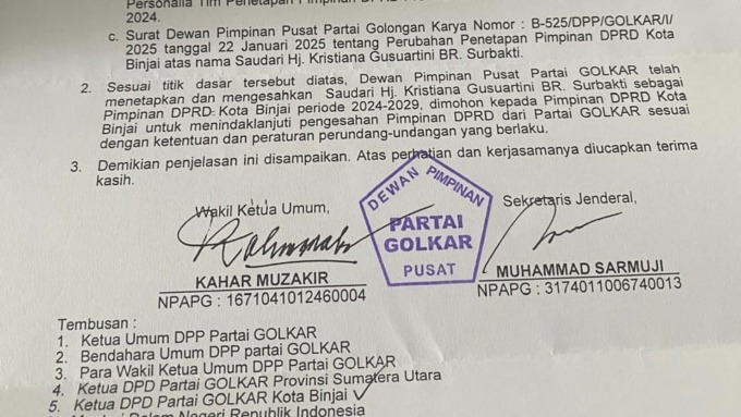 TUNJUK: Potongan surat dari DPP Partai Golkar menunjuk Kristiana Gusuartini br Surbakti. (Istimewa/Sumut Pos)