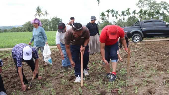 PADI GOGO: Kepala DPKPP Dairi Robot Simanullang (kanan), bersama kelompok tani di Desa Laumil, Kecamatan Tigalingga, menanam perdana padi gogo varitas sigara-gara, belum lama ini.(Istimewa)