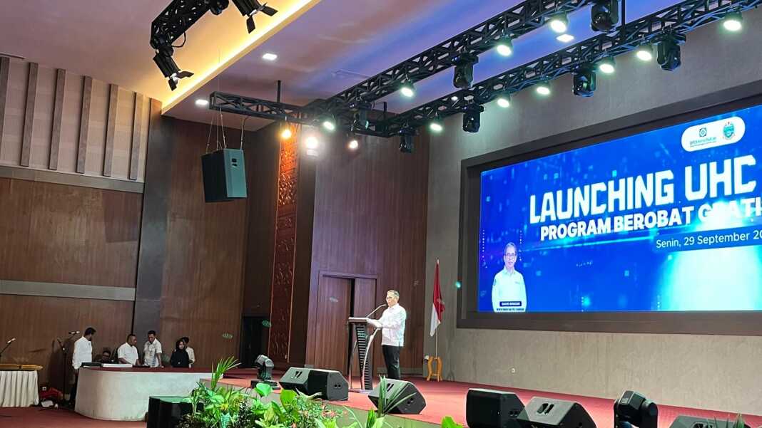 Direktur Kepesertaan BPJS Kesehatan David Bangun saat memberikan kata sambutan pada acara Lauching Program UHC Prioritas.