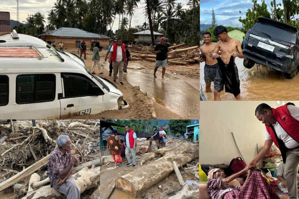 Ketua DPD PDI Perjuangan Sumut Drs Rapidin Simbolon MM didampingi Wakilnya di Bidang Polirik Sutrisno Pangaribuab meninjau puing rumah dan batang-batang kayu di titik banjir bandang terparah Tapanuli Tengah tepatnya di Kelurahan Hutanabolon Kecamatan Tukka, Kamis (4/12/2025).