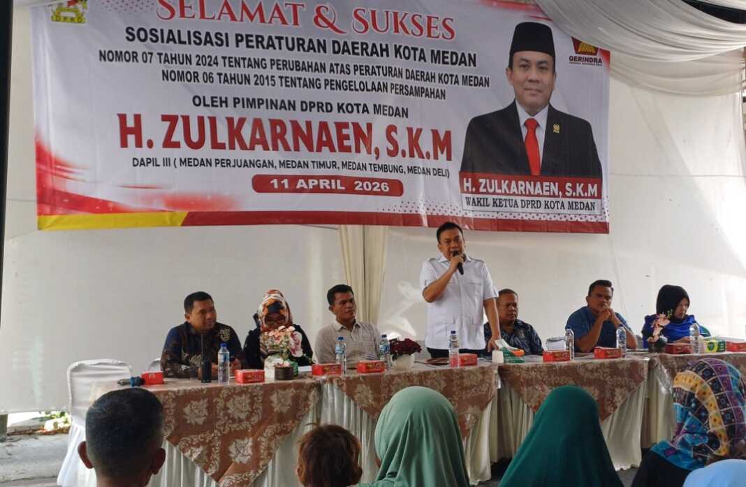 SOSIALISASI: Wakil Ketua DPRD Kota Medan, H Zulkarnaen SKM menggelar Sosialisasi Perda Kota Medan No 7 Tahun 2024, Sabtu (11/4). (Markus Pasaribu/Sumut Pos)