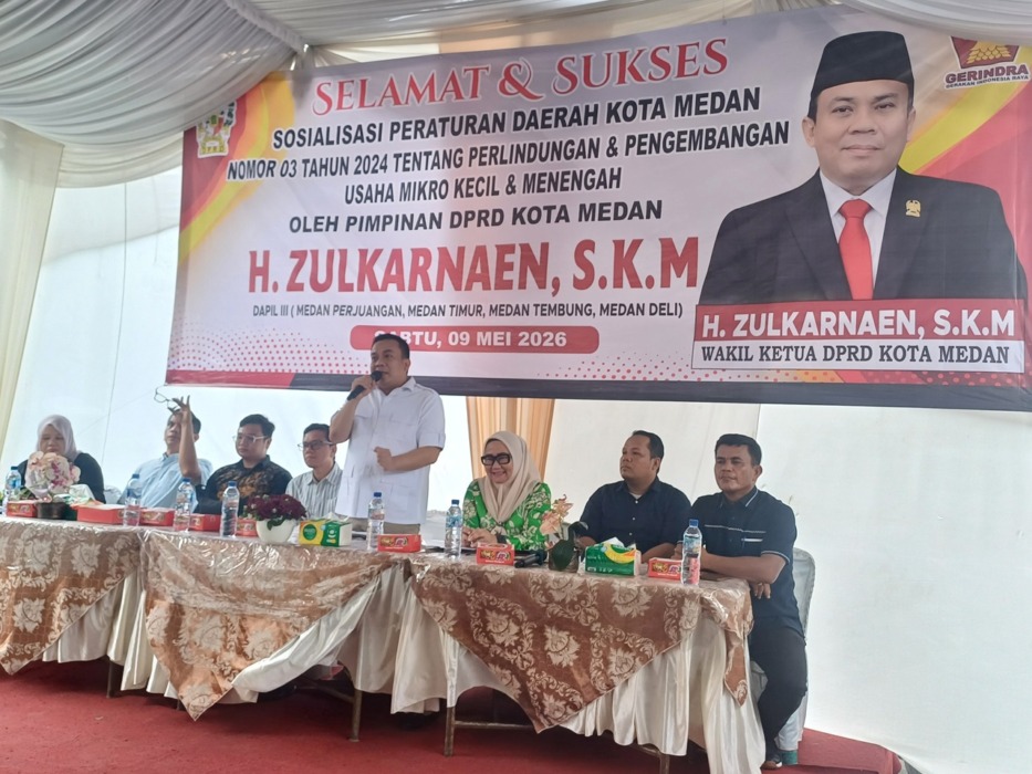 SOSIALISASI: Wakil Ketua DPRD Kota Medan, H. Zulkarnaen S.K.M menggelar Sosialisasi Perda Kota Medan No.3 Tahun 2024 di Kecamatan Medan Perjuangan, Sabtu (9/5/2026). (Markus Pasaribu/Sumut Pos).