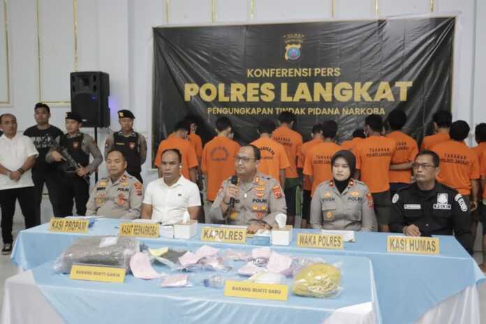 PAPARKAN: Kapolres Langkat, AKBP David Triyo Prasojo saat memaparkan barang bukti dan tersangka selama Operasi Antik Toba 2026. (Humas Polres Langkat/Sumut Pos)