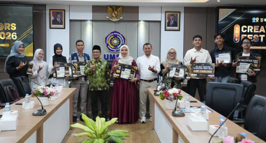 CREATOR FEST: Prof. Dr. Akrim Lubis, M.Pd (5 kiri) bersama pemenang UMSU Creators Fest 2026. (Istimewa/Sumut Pos)