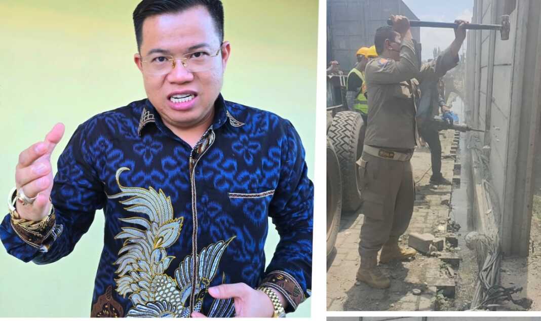 PEMBONGKARAN: Pengacara Dr Darmawan Yusuf SH SE MPd MH dan pembongkaran pagar PT SBP yang dibangun di areal PT BI