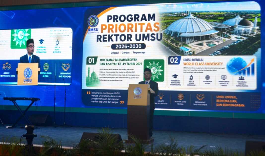 PROGRAM PRIORITAS: Rektor UMSU Prof. Dr. Akrim Lubis, M.Pd menyampaikan program prioritas, Sabtu (25/7). (Deddi Mulia Purba/Sumut Pos)