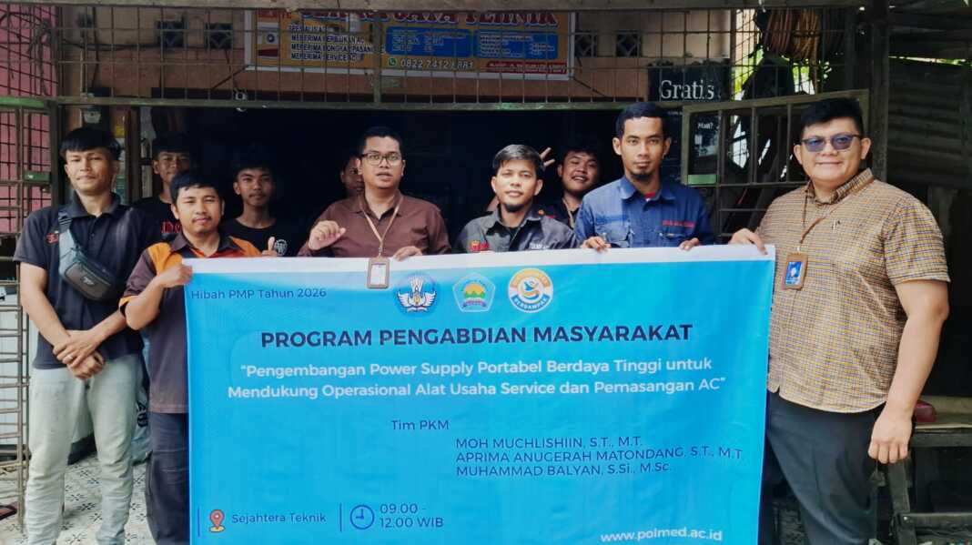 POLMED: Tim Pengabdian Masyarakat Polmed memperkenalkan power station, alat sumber listrik portabel yang membantu usaha service AC mengatasi kendala daya listrik di lokasi konsumen. (Istimewa/Sumut Pos)