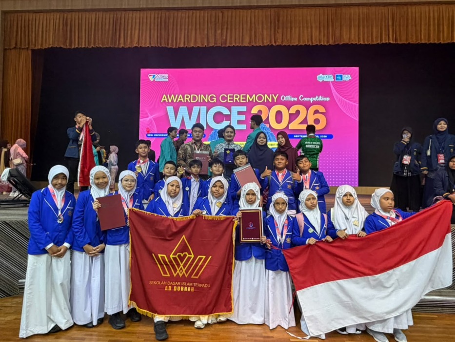 Delegasi Sekolah Dasar Islam Terpadu (SD IT) Ad Durrah Medan yang sukses mengukir prestasi gemilang di kancah internasional dengan memborong 2 medali emas, 1 medali perak, serta penghargaan bergengsi Special Award dari Liberika Academy dalam ajang World Invention Competition and Exhibition (WICE) 2026. (Foto: Istimewa)