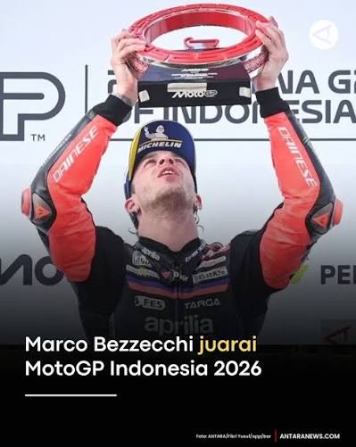Pembalap Aprilia Racing Marco Bezzecchi memenangi MotoGP Indonesia 2026 dan sekaligus memimpin dominasi Aprilia yang menguasai empat posisi teratas di Sirkuit Internasional Pertamina Mandalika, Lombok Tengah, Nusa Tenggara Barat, Minggu (11/10).