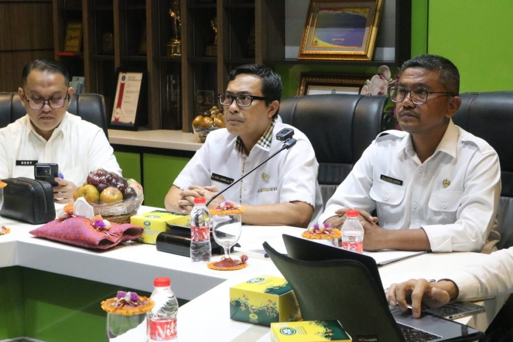 Plt Direktur RSUD Djoelham, drg Doni Asrin (kanan) saat mengikuti survei secara daring. (Diskominfo Binjai/Sumut Pos).