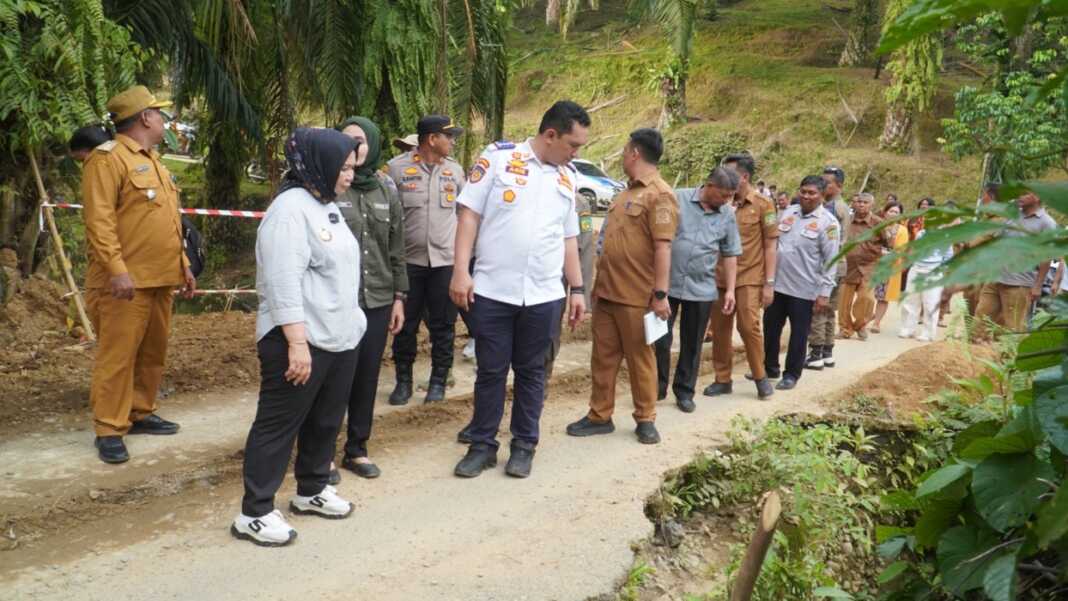 Plt Bupati Langkat, Tiorita br Surbakti saat meninjau kondisi jalan longsor di Salapian.