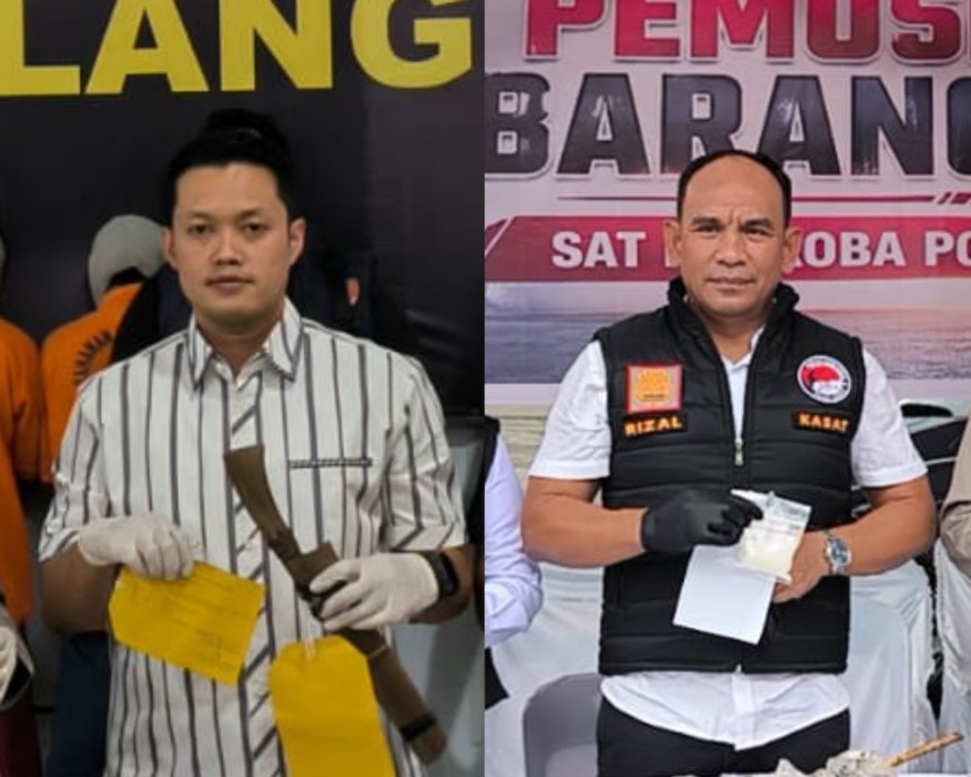 Kasat Reskrim Polres Langkat, AKP Ghulam Yanuar Lutfi (kiri) dan Kasatres Narkoba, AKP Amrizal Hasibuan. (Teddy Akbari/Sumut Pos)
