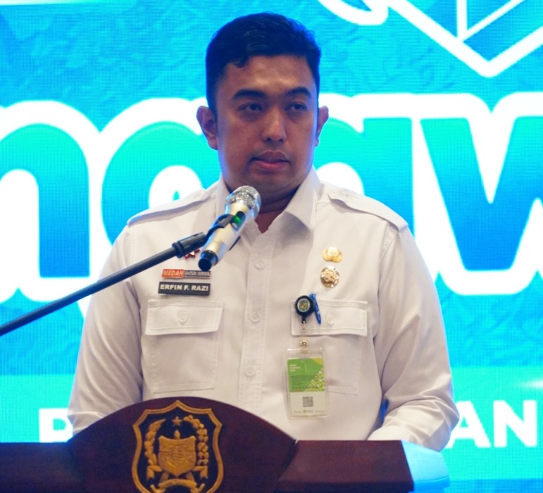 Pj Sekda Kota Medan Erfin Fachrurrazi membuka Sosialisasi Perwal Medan Nomor 59 Tahun 2026 tentang Pengawasan Terintegrasi melalui Sistem PengawasMU di Hotel Arya Duta, Rabu (7/10/2026).